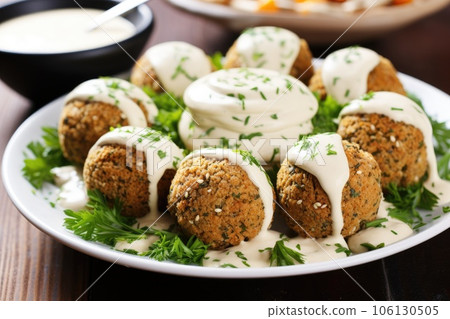 chickpea falafel balls served with tahini sauce 106130505