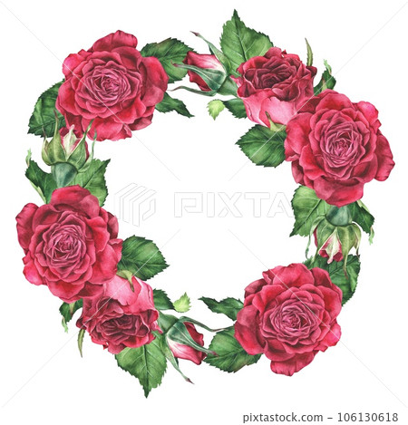 Wreath of pink roses. Watercolor botanical illustration. Round frame of red flowers. Isolated hand drawn clip art with flowering plants on a white background. Design of postcard, sticker Wreath of pink roses. Watercolor botanical illustration. Round frame of red flowers. Isolated hand drawn clip art with flowering plants on a white background. Design of postcard, sticker 106130618