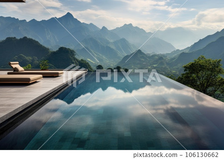 natural infinity pool overlooking a scenic mountain range 106130662