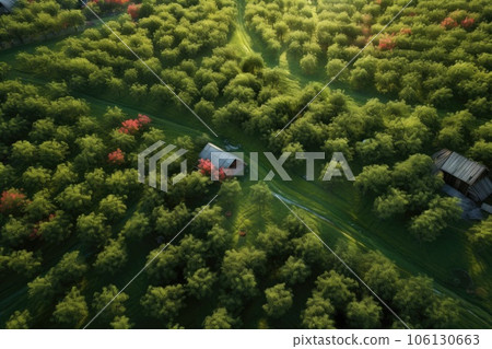 aerial view of a lush apple orchard landscape 106130663