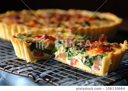sliced quiche cooling on a wire rack 106130664