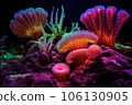 fluorescent coral polyps feeding on microscopic organisms 106130905