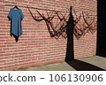 clothesline shadow cast on a brick wall 106130906