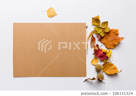 Autumn composition with paper blank and dried leaves on table. Flat lay, top view, copy space 106131324