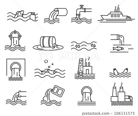 Waste water and sewage line icon set. Pollution line icon. Water treatment icon set. Editable stroke. 106131573