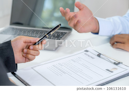 Office executives interviewing job applicants in the meeting room. employer conversation summary work employment 106131610