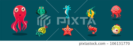 Big Eyed Sea Animal and Marine Creature Vector Set 106131770