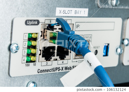 Back side of a server with ethernet cable connected in the slot Back side of a server with ethernet cable connected in the slot 106132124