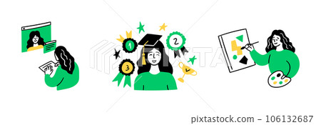 Cartoon Color Educational and Self-Development Concept Scenes Set Flat Design Style Girl Draws a Picture. Vector illustration of Situation Education Process Cartoon Color Educational and Self-Development Concept Scenes Set Flat Design Style Girl Draws a Picture. Vector illustration of Situation Education Process 106132687