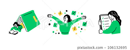 Cartoon Color Educational and Self-Development Concept Scenes Set Flat Design Style Girl with Check Marks. Vector illustration of Situation Education Process Cartoon Color Educational and Self-Development Concept Scenes Set Flat Design Style Girl with Check Marks. Vector illustration of Situation Education Process 106132695