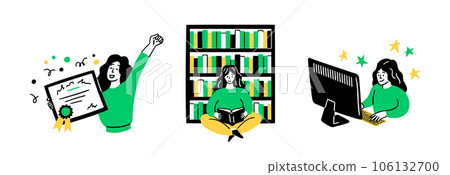 Cartoon Color Educational and Self-Development Concept Scenes Set Flat Design Style Girl in Library with Book on Shelves. Vector illustration of Situation Education Process Cartoon Color Educational and Self-Development Concept Scenes Set Flat Design Style Girl in Library with Book on Shelves. Vector illustration of Situation Education Process 106132700