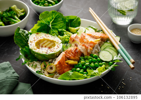 Salmon avocado bowl with broccoli, green peas, rice and fresh salad. Healthy food, top view 106132895