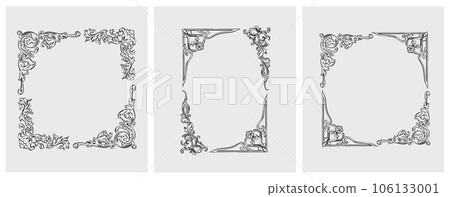 Hand drawn vector abstract outline,graphic,line art vintage baroque ornament floral frames set in minimalistic modern style.Baroque floral vintage outline design concept.Vector antique frame isolated. 106133001