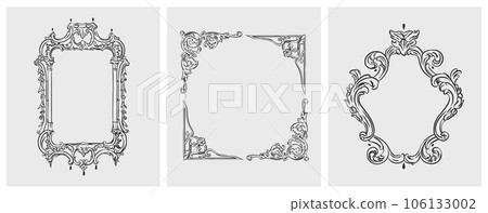 Hand drawn vector abstract outline,graphic,line art vintage baroque ornament floral frames set in minimalistic modern style.Baroque floral vintage outline design concept.Vector antique frame isolated. 106133002