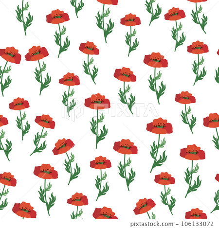 Summer seamless pattern with bright red poppy flowers and poppy pods. Field, meadow of poppies 106133072
