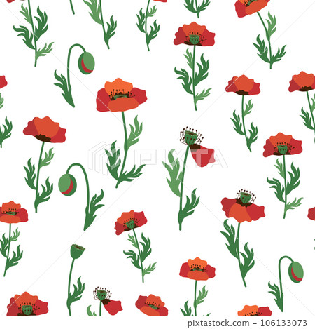 Summer seamless pattern with bright red poppy flowers and poppy pods. Field, meadow of poppies Summer seamless pattern with bright red poppy flowers and poppy pods. Field, meadow of poppies 106133073