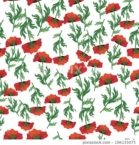 Summer seamless pattern with bright red poppy flowers and poppy pods. Field, meadow of poppies 106133075