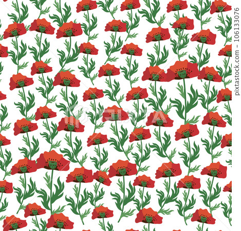 Summer seamless pattern with bright red poppy flowers and poppy pods. Field, meadow of poppies 106133076