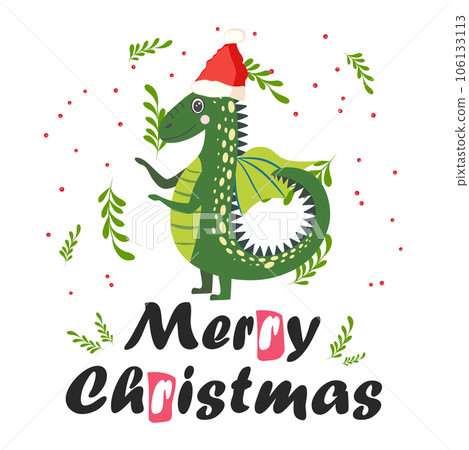 Christmas card with cute green dragon. Year of the Dragon 2024, China Christmas card with cute green dragon. Year of the Dragon 2024, China 106133113