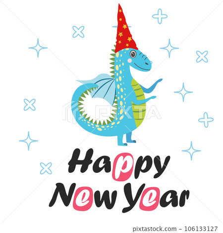 Christmas card with cute green dragon. Year of the Dragon 2024, China 106133127
