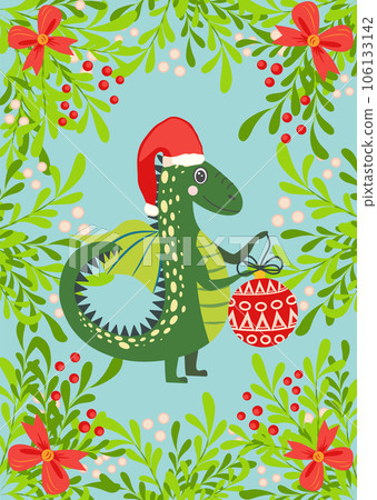 Christmas card with cute green dragon. Year of the Dragon 2024, China Christmas card with cute green dragon. Year of the Dragon 2024, China 106133142