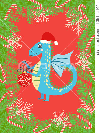 Christmas card with cute green dragon. Year of the Dragon 2024, China Christmas card with cute green dragon. Year of the Dragon 2024, China 106133144