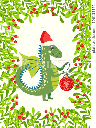 Christmas card with cute green dragon. Year of the Dragon 2024, China Christmas card with cute green dragon. Year of the Dragon 2024, China 106133151