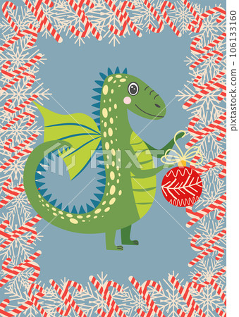 Christmas card with cute green dragon. Year of the Dragon 2024, China 106133160