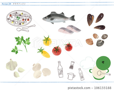 Classic side dish-illustration of aqua pazza and ingredients Classic side dish-illustration of aqua pazza and ingredients 106133188