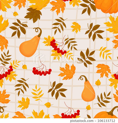 Autumn seamless pattern. Bunches red rowan with orange pumpkin on light checkered background with fall variegated leaves. Vector autumnal illustration for design, packaging, wallpaper and textile 106133712