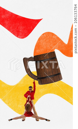 Contemporary art collage of women and men dancers dressed retro dancing with huge wooden beerglass over colorful painted background. Ad. Poster Contemporary art collage of women and men dancers dressed retro dancing with huge wooden beerglass over colorful painted background. Ad. Poster 106133764