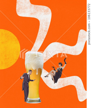 Young, man and woman wearing vintage elegant clothes holding with huge mug of beer over painted orange and white background. Modern artwork. Young, man and woman wearing vintage elegant clothes holding with huge mug of beer over painted orange and white background. Modern artwork. 106133772