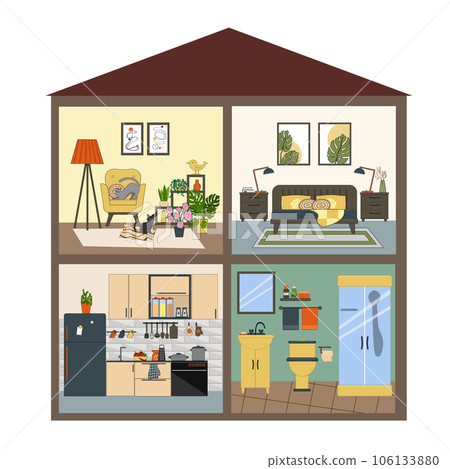 Sectional house for dolls. Vector flat illustration. Living room and bedroom, bathroom and kitchen.  106133880