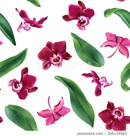 Watercolor seamless pattern with tropical flower orchid Phalaenopsis blooms and leaves. For wrapping, fabric, textile 106134065