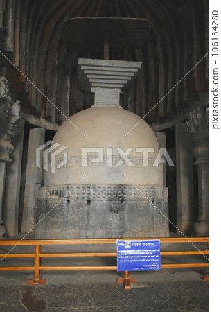 A View of Interior Main Buddhist Stupa in a center of Chaitya Hall at Karla Caves, these was constructed between 50 and 70 CE, and 120 CE, located near the Karla, Lonavala in Pune Dist. Maharashtra, A View of Interior Main Buddhist Stupa in a center of Chaitya Hall at Karla Caves, these was constructed between 50 and 70 CE, and 120 CE, located near the Karla, Lonavala in Pune Dist. Maharashtra, 106134280