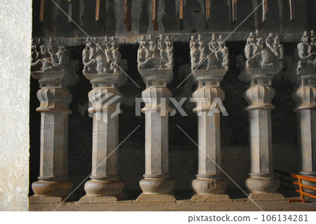 Interior of Chaitya Hall Carved Octagonal pillars at Karla Caves, these was constructed between 50 and 70 CE, and 120 CE, located near the Karla, Lonavala in Pune Dist. Maharashtra, India. Interior of Chaitya Hall Carved Octagonal pillars at Karla Caves, these was constructed between 50 and 70 CE, and 120 CE, located near the Karla, Lonavala in Pune Dist. Maharashtra, India. 106134281