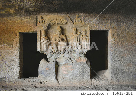 A View of Lower unfinished Vihara, Intrusive Buddha panel and Cells for the Monks, Karla Caves, these Caves was constructed between 50 and 70 CE, and 120 CE, located near the Karla, Lonavala in Pune 106134291