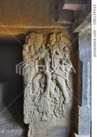 Sculpture of Indra on the Verandah entrance of Vihara Cave No. 20 with rock-cut at Bhaja Caves, Ancient Buddhist built in 2nd century BC, during the Hinayana phase of Buddhism, Lonavala, Maharashtra, Sculpture of Indra on the Verandah entrance of Vihara Cave No. 20 with rock-cut at Bhaja Caves, Ancient Buddhist built in 2nd century BC, during the Hinayana phase of Buddhism, Lonavala, Maharashtra, 106134313