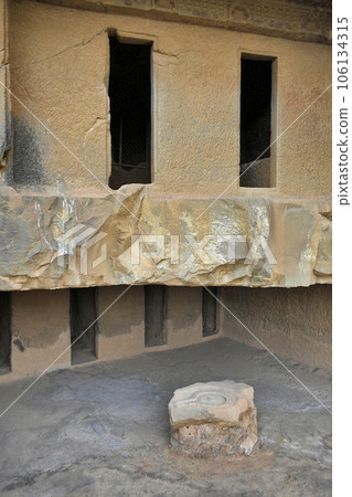 Facade of a Cave 12 Vihara showing Double Storey and Shiva linga at lower, Cell Doors with rock-cut, Bhaja Caves, Ancient Buddhist built in 2nd century BC, during the Hinayana phase of Buddhism, 106134315