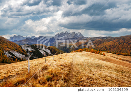 Incredible autumn view at Valfreda valley in Italian Dolomite Alps Incredible autumn view at Valfreda valley in Italian Dolomite Alps 106134399