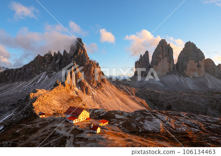 Tre Cime di Lavaredo and rifugio Locatelli in Dolomite Alps Tre Cime di Lavaredo and rifugio Locatelli in Dolomite Alps 106134463