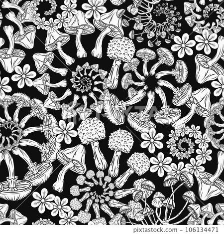 Seamless monochrome pattern with mushrooms, chamomiles. Fractal, spiral ornament. Surreal, psychedelic illustration in vintage style. For prints, t shirt, surface design 106134471