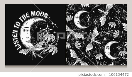 Pattern, label with crescent moon with face, stars, night butterfly, moth, flowers, star dust. Mythological faitytale, mystical concept. For clothing, apparel, T-shirts, kids design 106134472