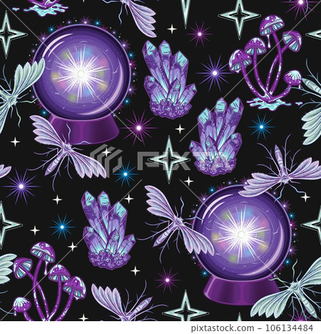 Surreal pattern with magic ball, sphere, crystals, mushrooms and butterfly. Concept of sacred spirit, prediction, extended mind. Mystical illustration. For prints, clothing, t shirt, textile design 106134484
