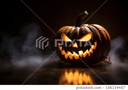 Glowing Grins of Halloween Close-Up View of Scary Pumpkin with Sinister Eyes for Spooky Party Nights. created with Generative AI Glowing Grins of Halloween Close-Up View of Scary Pumpkin with Sinister Eyes for Spooky Party Nights. created with Generative AI 106134487