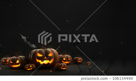 Spooktacular Delights: Happy Halloween Banner with Realistic 3D Black Pumpkins, Cut Scary Smiles, and Flying Bats. created with Generative AI Spooktacular Delights: Happy Halloween Banner with Realistic 3D Black Pumpkins, Cut Scary Smiles, and Flying Bats. created with Generative AI 106134499