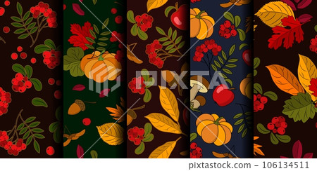 Set of seamless autumn patterns with natural elements on dark background. 106134511