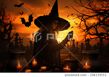 Enigmatic Sorceress Witch in the Halloween Night Conjuring the Essence of All Hallows' Eve. created with Generative AI 106134551