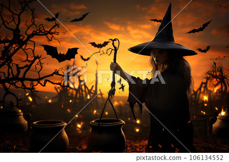 Enigmatic Sorceress Witch in the Halloween Night Conjuring the Essence of All Hallows' Eve. created with Generative AI 106134552