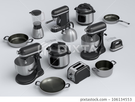 Kitchen appliances and utensils for making breakfast on white background 106134553